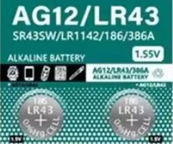 送料無料！　即決２個１９０円　LR43(SR43互換)　アルカリコイン電池　ボタン電池　AG12／386／LR43同等品